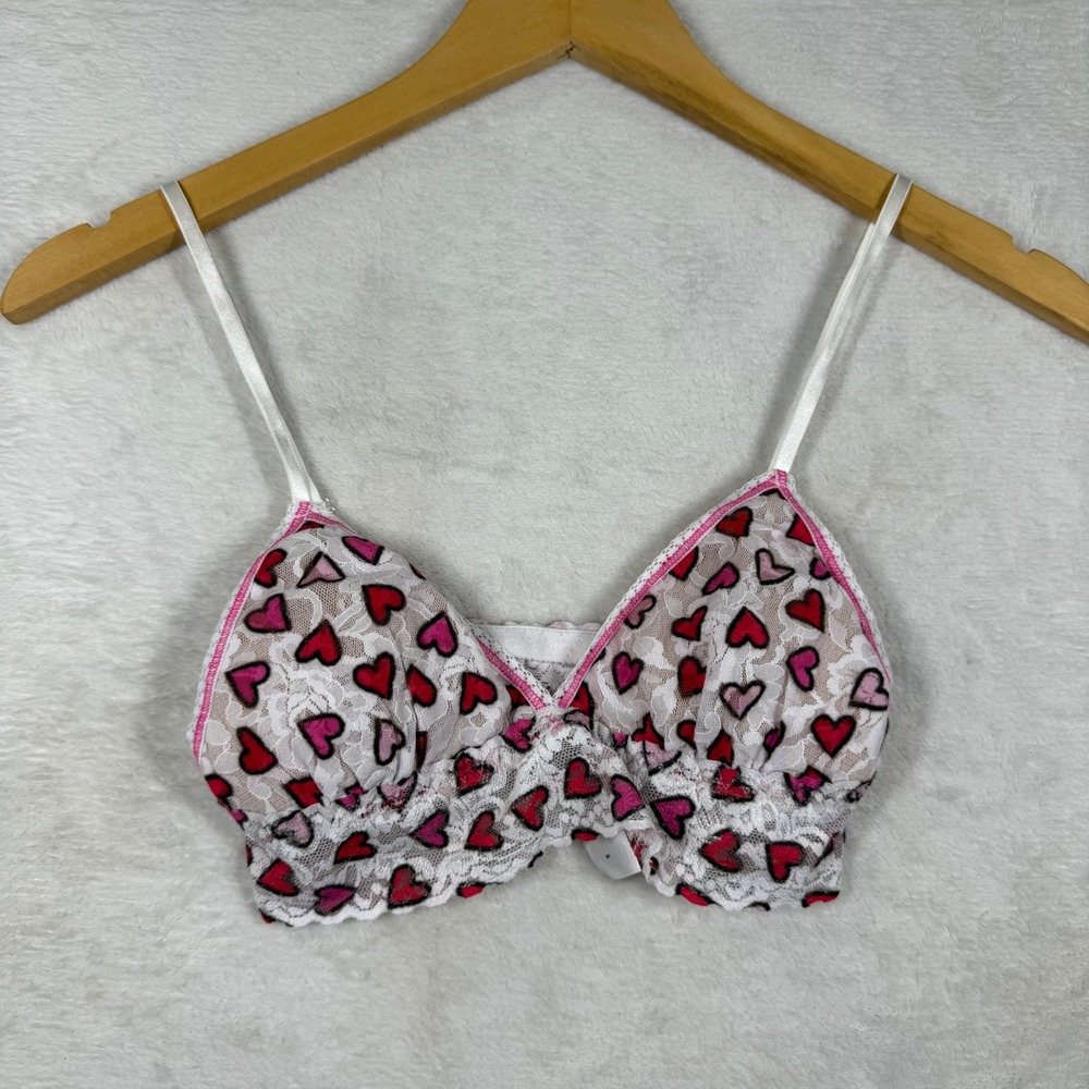 Hanky Panky‎ Heart Print Padded Lace Triangle Bralette White Red Pink Small NWOT